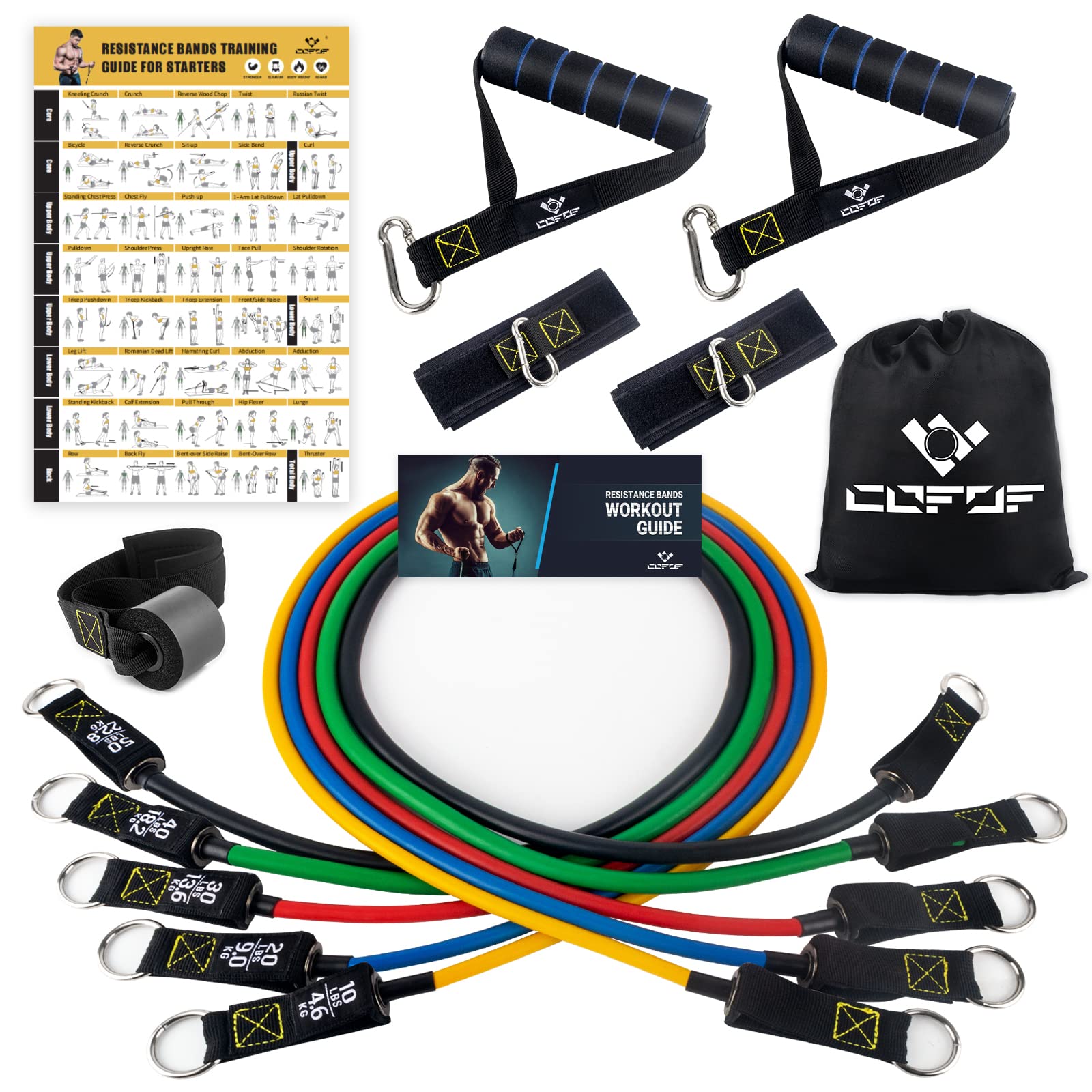 Resistance Bands Set with Yellow Handles Exercise/Workout/ Fitness Bands with Door Anchor Legs Ankle Straps for Resistance Training，Physical Therapy，Home Gym Workout